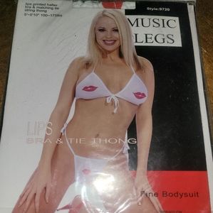 NIP Vintage Music Legs Lips Print White Halter Bra & Matching Tie String Thong